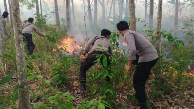 Anggota Sabhara Polres Basel Berjibaku Padamkan Kebakaran Lahan Gambut