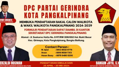 Partai Gerindra Buka Pendaftaran Bakal Calon Walikota Pangkalpinang 2024-2029