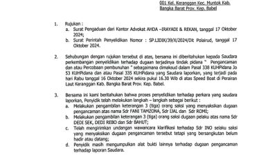 Terima SP2HP, Kuasa Hukum Prima Augusta Minta Polairud Polda Babel Periksa Saksi yang Tak Hadir